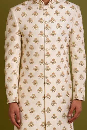 Chatenya Mittal_Beige Silk Embroidery, Sequins Floral Sherwani Set For Kids_Online_at_Aza_Fashions