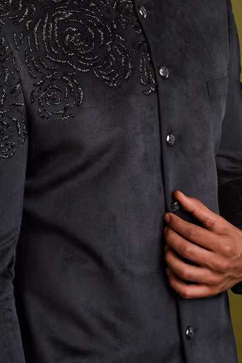 Chatenya Mittal Black Velvet Bandhgala Set For Kids