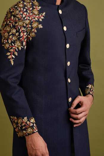 Chatenya Mittal_Blue Silk Embroidery Bandhgala Set With Pant For Kids_Online_at_Aza_Fashions