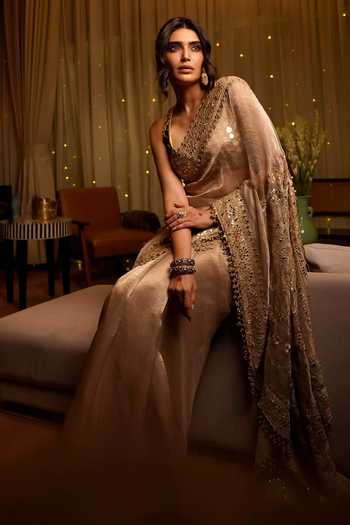 Buy_Itrh_Ivory Chanderi Silk, Tissue, Lampi Mirrors, Gaja Kavya Saree With Work Blouse 