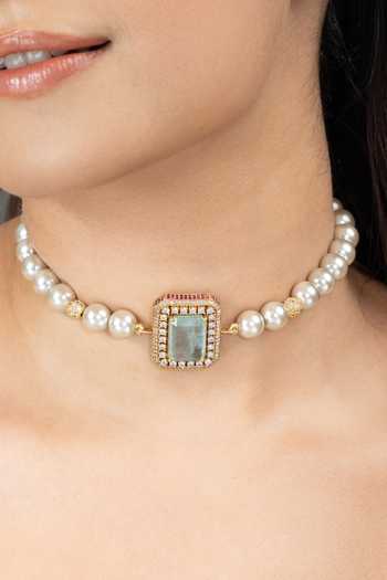 Buy_Joules by Radhika_Green Kavya Pearl Choker Necklace _Online_at_Aza_Fashions