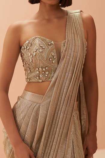 Parul Gandhi Gold Embellished Pre-Draped Saree & Corset For Kids