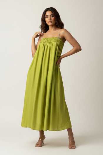 The Pretty Things by Priyanka B. Sahani Chanderi Smocked Neck Midi Dress 