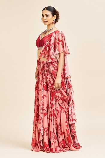 Issa Studio By Chetana & Swathi Pink Organza, Georgette V-neck Mishika Pre-draped Ruffle Saree With Blouse Online at Aza Fashions Issa Studio By Chetana & Swathi_Pink Organza, Georgette V-neck Mishika Pre-draped Ruffle Saree With Blouse _Online_at_Aza_Fashions