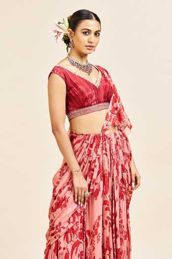 Buy Issa Studio By Chetana & Swathi Pink Organza, Georgette V-neck Mishika Pre-draped Ruffle Saree With Blouse Online at Aza Fashions Buy_Issa Studio By Chetana & Swathi_Pink Organza, Georgette V-neck Mishika Pre-draped Ruffle Saree With Blouse _Online_at_Aza_Fashions