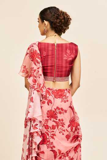Shop Issa Studio By Chetana & Swathi Pink Organza, Georgette V-neck Mishika Pre-draped Ruffle Saree With Blouse Online at Aza Fashions Shop_Issa Studio By Chetana & Swathi_Pink Organza, Georgette V-neck Mishika Pre-draped Ruffle Saree With Blouse _Online_at_Aza_Fashions