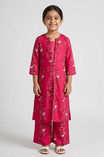 Amrood Floral Blossom Pink Straight Kurta For Kids