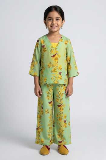Amrood Green Floral Bird Sheer Tunic For Kids