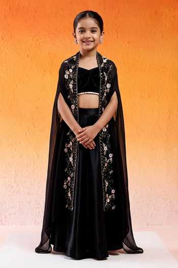 Redpine Designs Black Draped Skirt & Hand Embroidered Cape Set For Kids