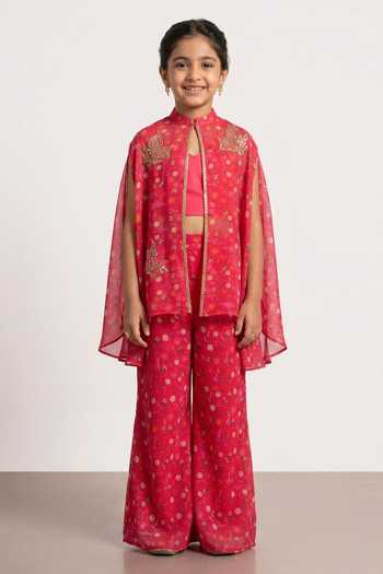 Redpine Designs Floral Embroidered Cape Pant Set For Kids