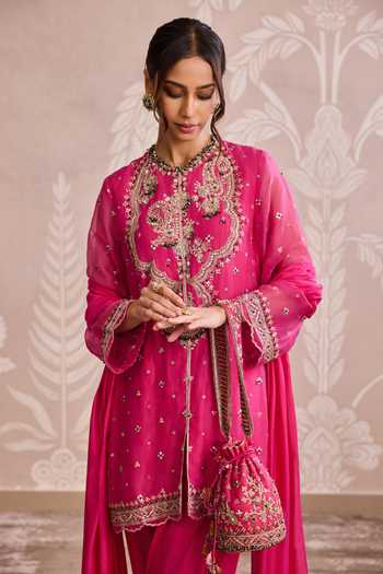 Shop_Ridhi Mehra_Fuchsia Organza, Silk Round Neck, Yes Embroidered Kurta Set _Online_at_Aza_Fashions