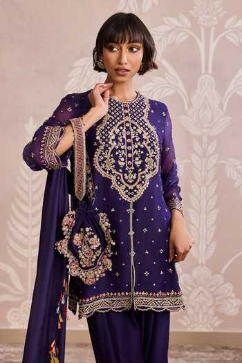 Shop_Ridhi Mehra_Purple Organza, Silk Round Neck Embroidered Kurta Salwar Set _Online_at_Aza_Fashions