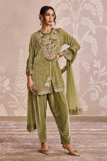 Buy_Ridhi Mehra_Olive Green Velvet, Net Round Neck Embroidered Kurta Set _Online_at_Aza_Fashions