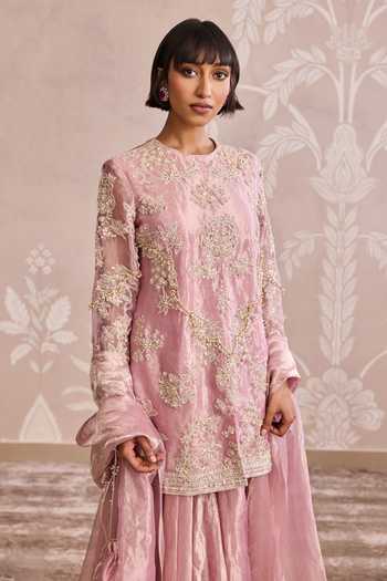 Ridhi Mehra Pink Tissue Round Neck Embroidered Kurta Sharara Set Online at Aza Fashions Ridhi Mehra_Pink Tissue Round Neck Embroidered Kurta Sharara Set _Online_at_Aza_Fashions