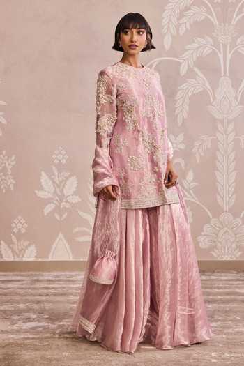 Buy Ridhi Mehra Pink Tissue Round Neck Embroidered Kurta Sharara Set Online at Aza Fashions Buy_Ridhi Mehra_Pink Tissue Round Neck Embroidered Kurta Sharara Set _Online_at_Aza_Fashions