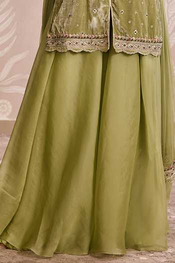 Ridhi Mehra Olive Green Velvet, Organza, Net Round Neck, Yes Embroidered Kurta Set Online at Aza Fashions Ridhi Mehra_Olive Green Velvet, Organza, Net Round Neck, Yes Embroidered Kurta Set _Online_at_Aza_Fashions
