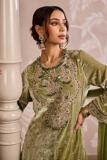 Buy Ridhi Mehra Olive Green Velvet, Organza, Net Round Neck, Yes Embroidered Kurta Set Online at Aza Fashions Buy_Ridhi Mehra_Olive Green Velvet, Organza, Net Round Neck, Yes Embroidered Kurta Set _Online_at_Aza_Fashions