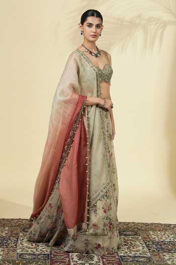 Arpita Mehta_Green Net, Organza Sweetheart Neck Vintage Rose Print Lehenga Set _Online_at_Aza_Fashions