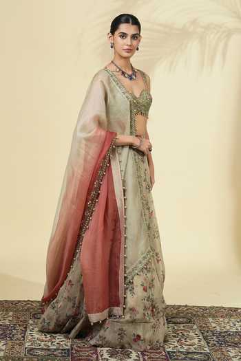Buy_Arpita Mehta_Green Net, Organza Sweetheart Neck Vintage Rose Print Lehenga Set _Online_at_Aza_Fashions