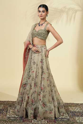 Shop_Arpita Mehta_Green Net, Organza Sweetheart Neck Vintage Rose Print Lehenga Set _Online_at_Aza_Fashions