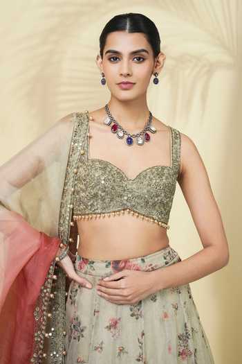 Arpita Mehta_Green Net, Organza Sweetheart Neck Vintage Rose Print Lehenga Set _at_Aza_Fashions