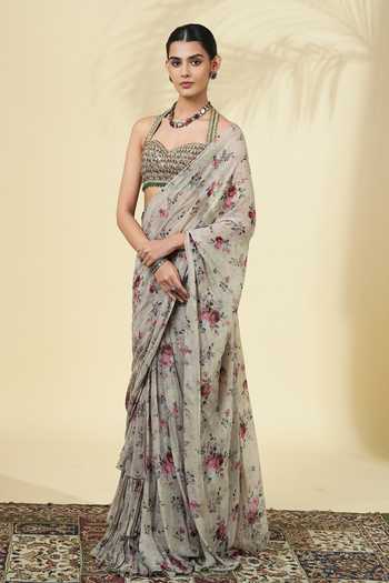Arpita Mehta_Ivory Georgette, Net Sweetheart Neck Floral Print Saree With Blouse _Online_at_Aza_Fashions