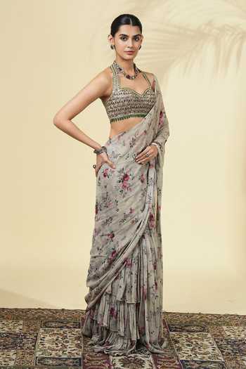 Buy_Arpita Mehta_Ivory Georgette, Net Sweetheart Neck Floral Print Saree With Blouse _Online_at_Aza_Fashions
