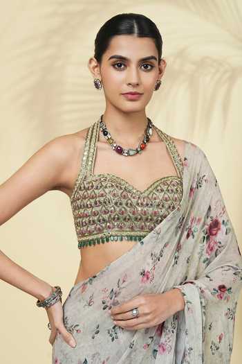 Shop_Arpita Mehta_Ivory Georgette, Net Sweetheart Neck Floral Print Saree With Blouse _Online_at_Aza_Fashions