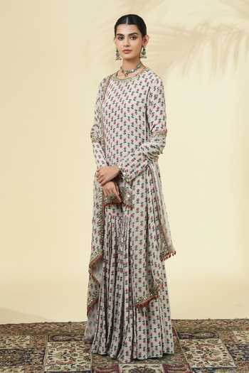 Arpita Mehta Ivory Silk, Crepe, Georgette Round Neck Printed Kurta Set at Aza Fashions Arpita Mehta_Ivory Silk, Crepe, Georgette Round Neck Printed Kurta Set _at_Aza_Fashions