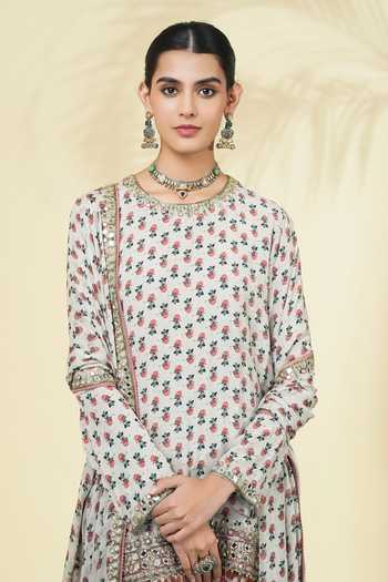 Buy_Arpita Mehta_Ivory Silk, Crepe, Georgette Round Neck Printed Kurta Set 