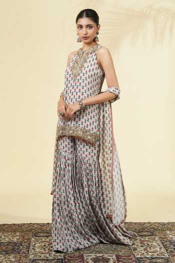 Shop_Arpita Mehta_Ivory Silk, Crepe, Georgette Round Neck, Yes Vintage Rose Butti Print Kurta Set _Online_at_Aza_Fashions