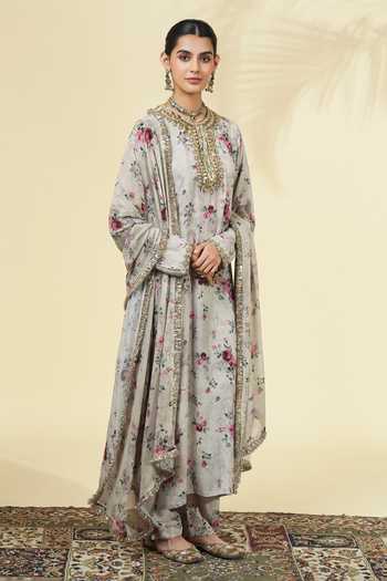 Shop_Arpita Mehta_Ivory Silk, Crepe, Georgette Round Neck Vintage Rose Print Kurta Set _Online_at_Aza_Fashions