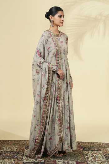 Arpita Mehta_Green Georgette, Silk, Cotton Round Neck Vintage Rose Print Anarkali Set _Online_at_Aza_Fashions