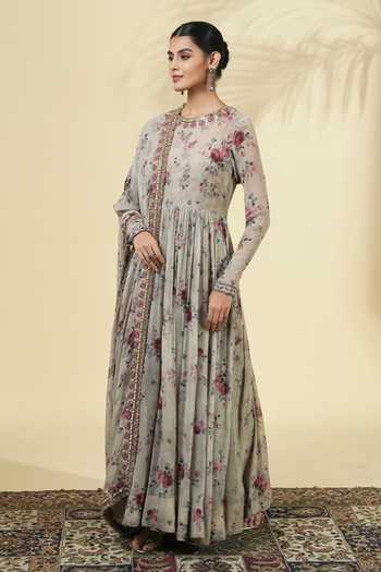 Buy_Arpita Mehta_Green Georgette, Silk, Cotton Round Neck Vintage Rose Print Anarkali Set _Online_at_Aza_Fashions