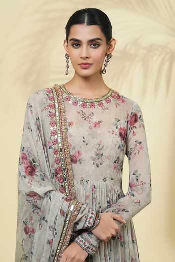 Shop_Arpita Mehta_Green Georgette, Silk, Cotton Round Neck Vintage Rose Print Anarkali Set _Online_at_Aza_Fashions