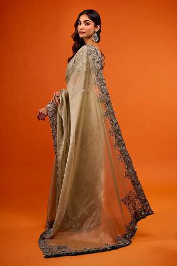 Prisho_Gold Sequins, Zari V-neck Resham Work Saree And Blouse Set _Online_at_Aza_Fashions