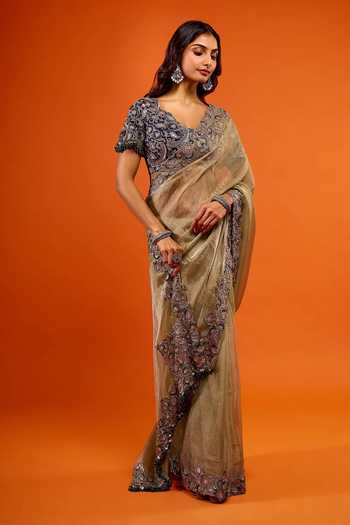 Buy_Prisho_Gold Sequins, Zari V-neck Resham Work Saree And Blouse Set 