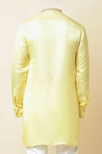 Shop SPRING BREAK Yellow Linen, Satin Embroidery Kurta For Kids at Aza Fashions Shop_SPRING BREAK_Yellow Linen, Satin Embroidery Kurta For Kids_at_Aza_Fashions