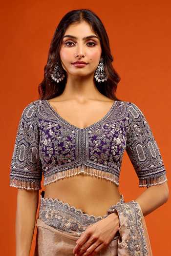 Shop Prisho Gold Embroidery, Pearls, Beads, Zari, Stones, Tassels Resham Work Saree Set Shop_Prisho_Gold Embroidery, Pearls, Beads, Zari, Stones, Tassels Resham Work Saree Set