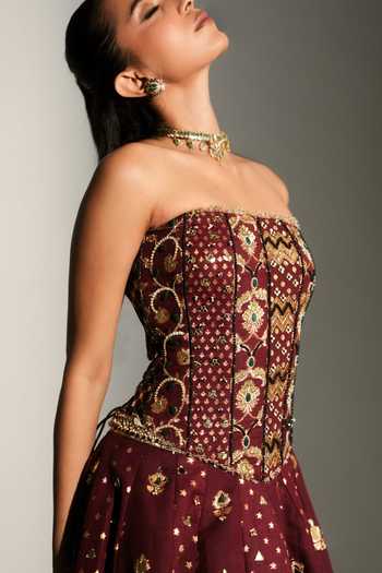 Buy_Mahima Mahajan_Red Chanderi Bandeau Neck Elina Hand Embroidered Corset Lehenga Set _Online_at_Aza_Fashions