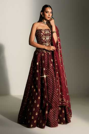 Shop_Mahima Mahajan_Red Chanderi Bandeau Neck Elina Hand Embroidered Corset Lehenga Set _Online_at_Aza_Fashions