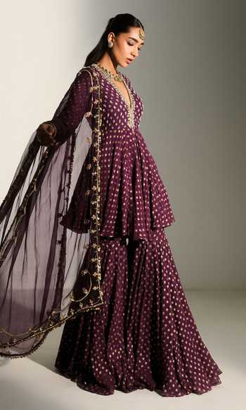 Buy_Mahima Mahajan_Purple Georgette V-neck Nandini Embroidered Kali Kurta Sharara Set _Online_at_Aza_Fashions