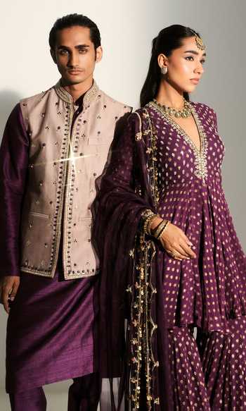 Shop_Mahima Mahajan_Purple Georgette V-neck Nandini Embroidered Kali Kurta Sharara Set _Online_at_Aza_Fashions