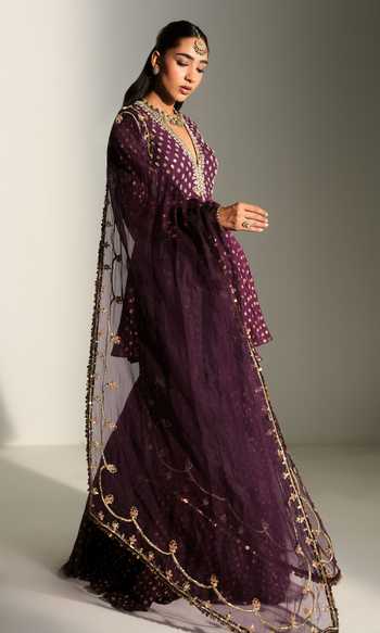 Mahima Mahajan_Purple Georgette V-neck Nandini Embroidered Kali Kurta Sharara Set _at_Aza_Fashions