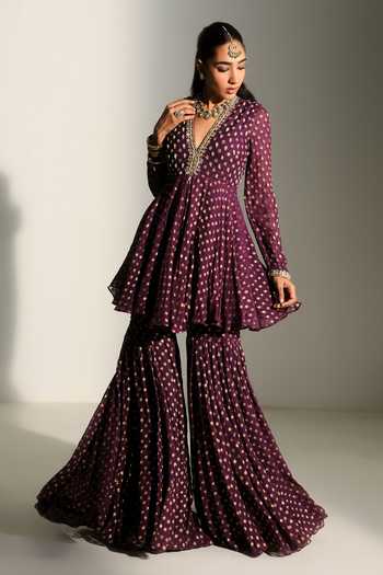 Mahima Mahajan Purple Georgette V-neck Nisha Embroidered Kali Kurta And Sharara Set Online at Aza Fashions Mahima Mahajan_Purple Georgette V-neck Nisha Embroidered Kali Kurta And Sharara Set _Online_at_Aza_Fashions