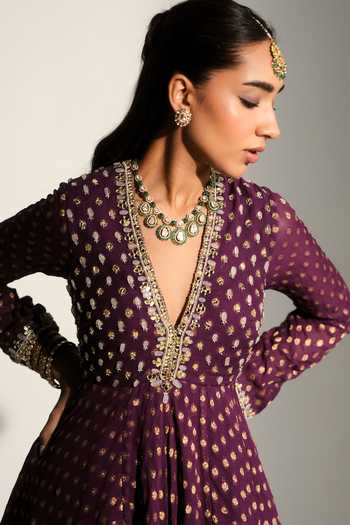 Shop Mahima Mahajan Purple Georgette V-neck Nisha Embroidered Kali Kurta And Sharara Set Online at Aza Fashions Shop_Mahima Mahajan_Purple Georgette V-neck Nisha Embroidered Kali Kurta And Sharara Set _Online_at_Aza_Fashions