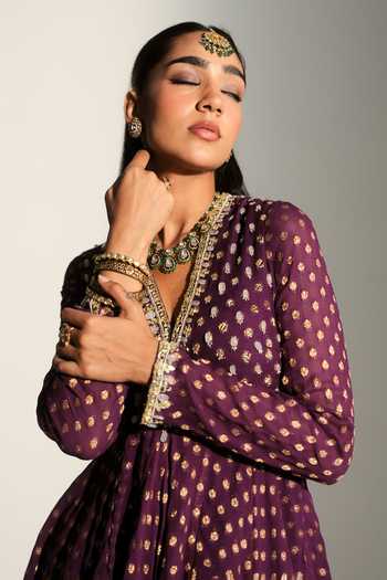 Mahima Mahajan Purple Georgette V-neck Nisha Embroidered Kali Kurta And Sharara Set at Aza Fashions Mahima Mahajan_Purple Georgette V-neck Nisha Embroidered Kali Kurta And Sharara Set _at_Aza_Fashions