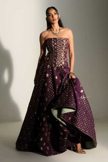Buy_Mahima Mahajan_Purple Chanderi Zari, Stones Bandeau Neck Erin Embroidered Corset Lehenga Set _Online_at_Aza_Fashions