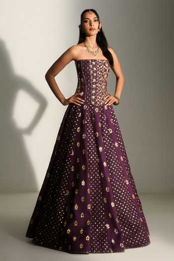 Shop_Mahima Mahajan_Purple Chanderi Zari, Stones Bandeau Neck Erin Embroidered Corset Lehenga Set _Online_at_Aza_Fashions