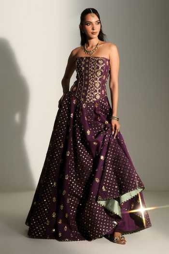 Mahima Mahajan_Purple Chanderi Zari, Stones Bandeau Neck Erin Embroidered Corset Lehenga Set _at_Aza_Fashions